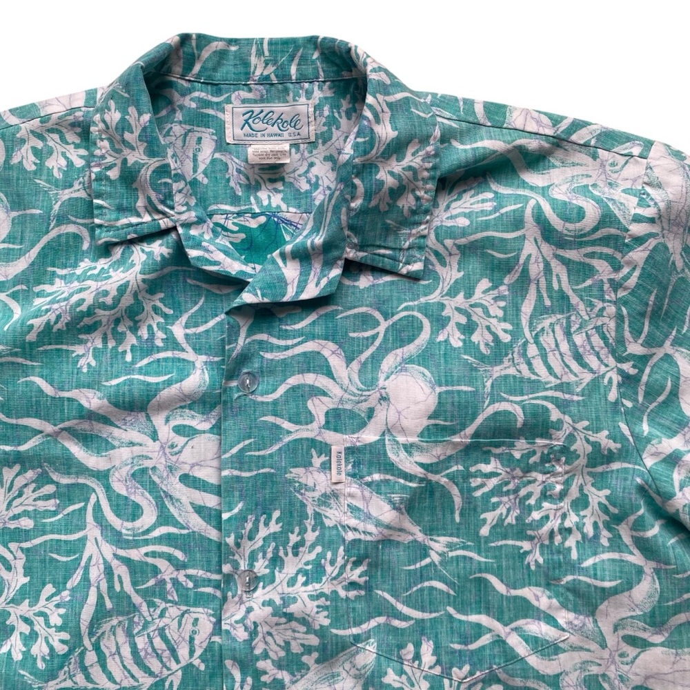 Kolekole Vintage Hawaiian Shirt Mens Large Green Floral Fish Print Pattern AOP - Picture 2 of 7